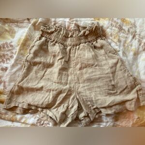 High-Rise 100% Linen Tan Paper Bag Waist Shorts